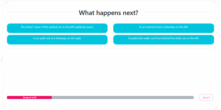 Hazard prediction test screen showing multiple choice options asking what happens next in a driving scenario