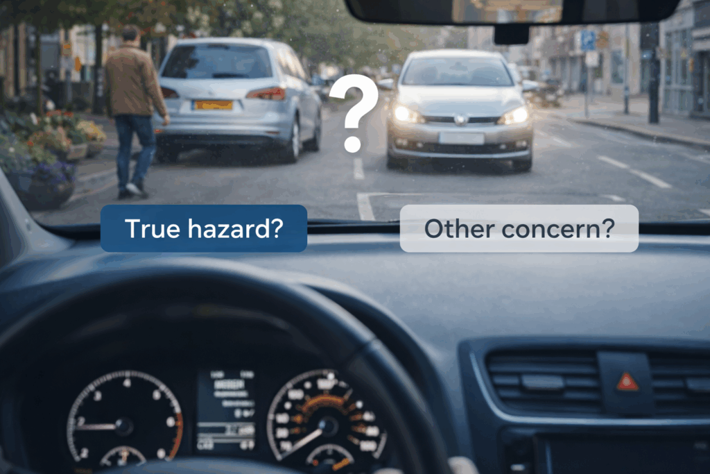 Driver’s view of a road with a pedestrian and vehicles ahead, with on screen options asking whether the situation is a true hazard or another concern.