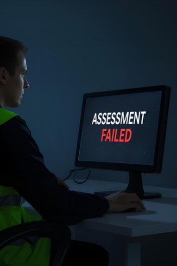 Fleet driver completing an online hazard perception assessment showing “Assessment Failed” on screen, illustrating driver risk evaluation.