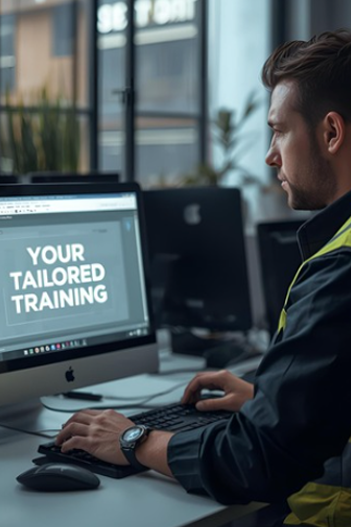 Driver completing tailored online hazard perception training on a desktop computer in a workplace setting.