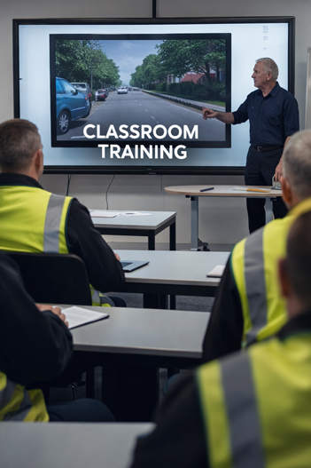 Instructor delivering classroom-based hazard perception training to fleet drivers using a large screen road scene presentation.