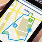Tablet displaying a navigation route map representing route planning and journey management
