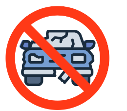 No car crashes symbol showing a damaged vehicle inside a red prohibition circle, representing collision prevention and road safety.