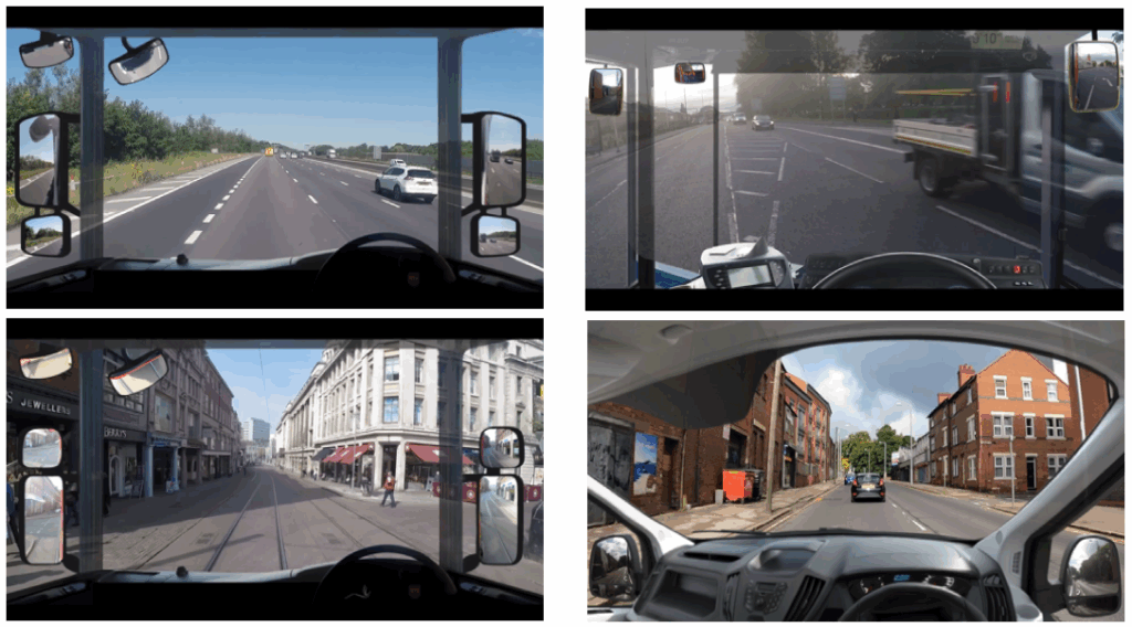 Driver’s perspective views from different vehicles on different road scenes with integrated mirrors, demonstrating extended field of view in professional vehicle hazard perception testing.