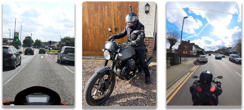 An image showing filming of a motorcycle hazard test from the front of motorcycle, the helmet of the rider, and a drone-style follow camera approach